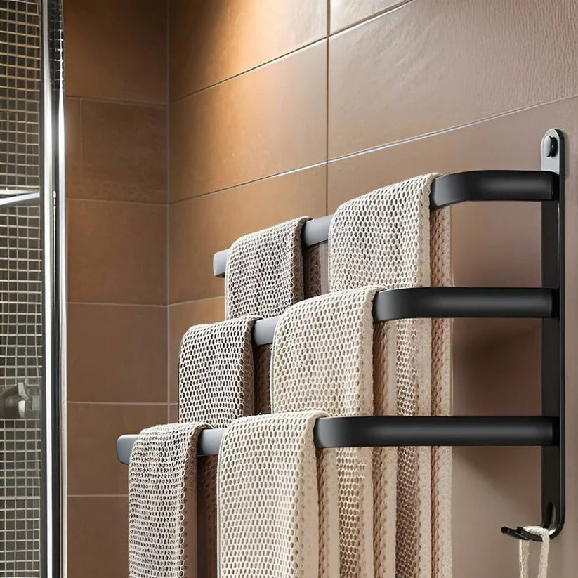 Stratos Towel Rack – Wall Mounted Black Metal Bathroom Organizer Space Saving 3 Tier Storage