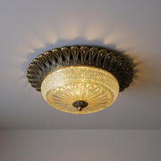 Carved Glass Flush Mount Ceiling Light – Vintage Brass Crystal Fixture