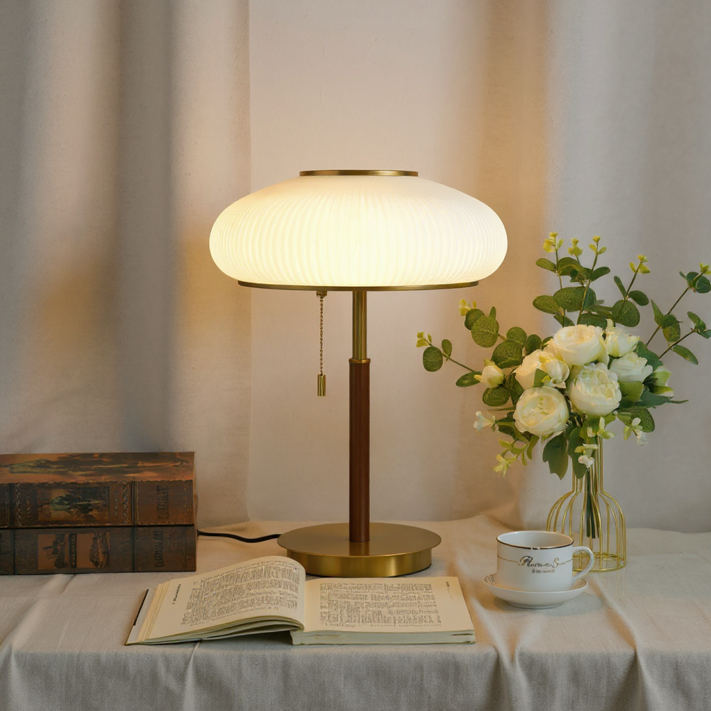 Solstice Ribbed Glass Table Lamp – Modern Brass Accent Bedside Light
