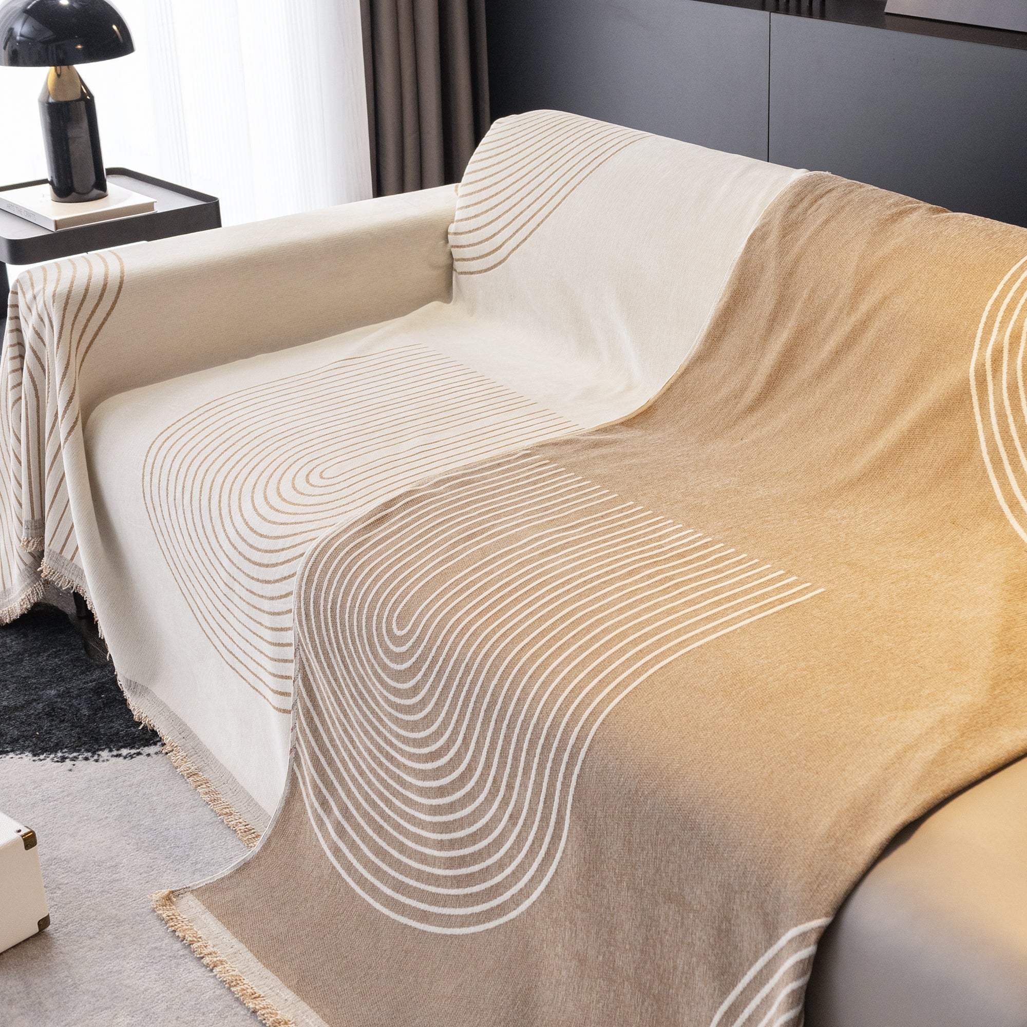Arven Textured Sofa Throw – Chenille Quilted Arc Pattern Couch Cover Living Room Furniture Protector