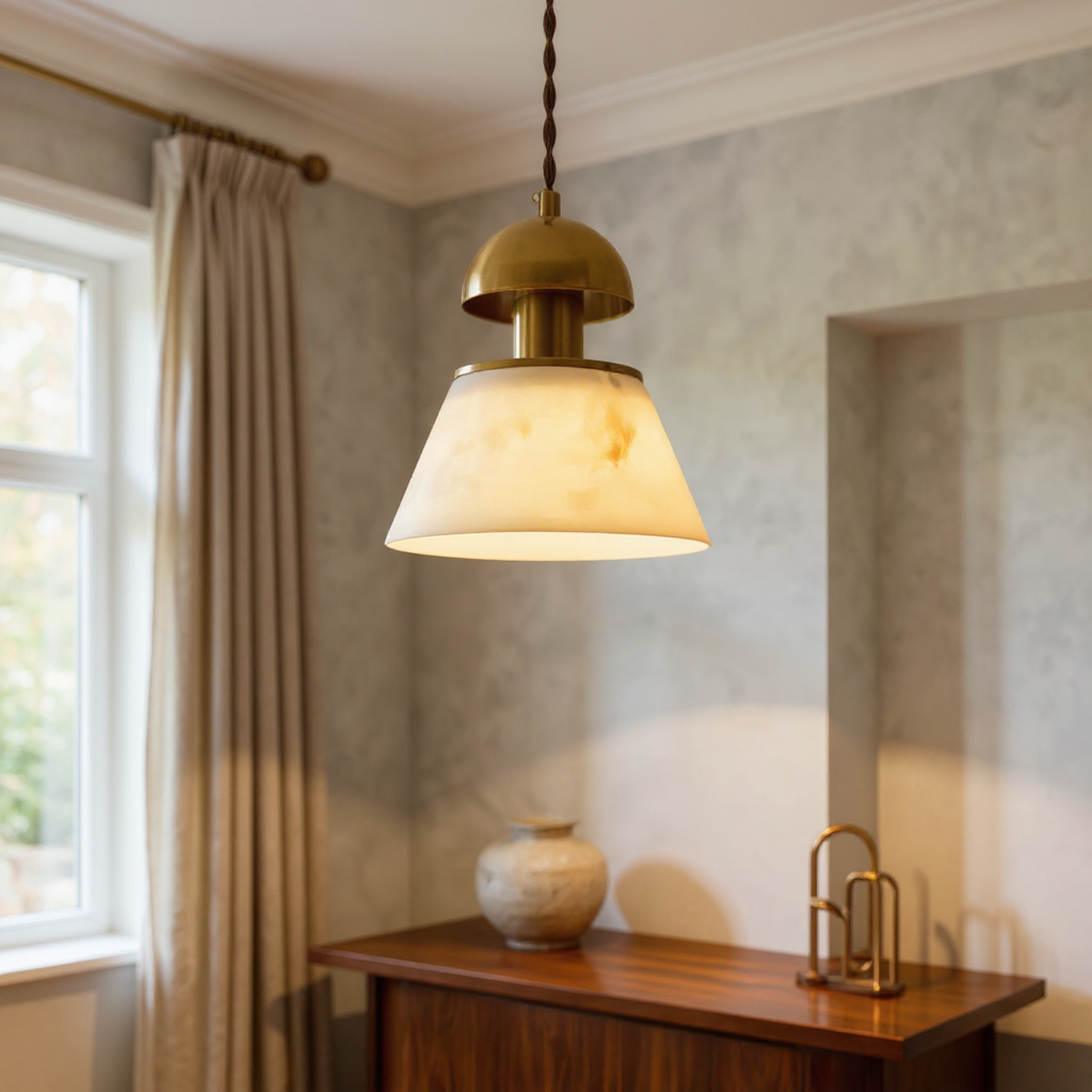 Verona Alabaster Cone Pendant Light – Brass Kitchen Island Dining Room Hanging Fixture