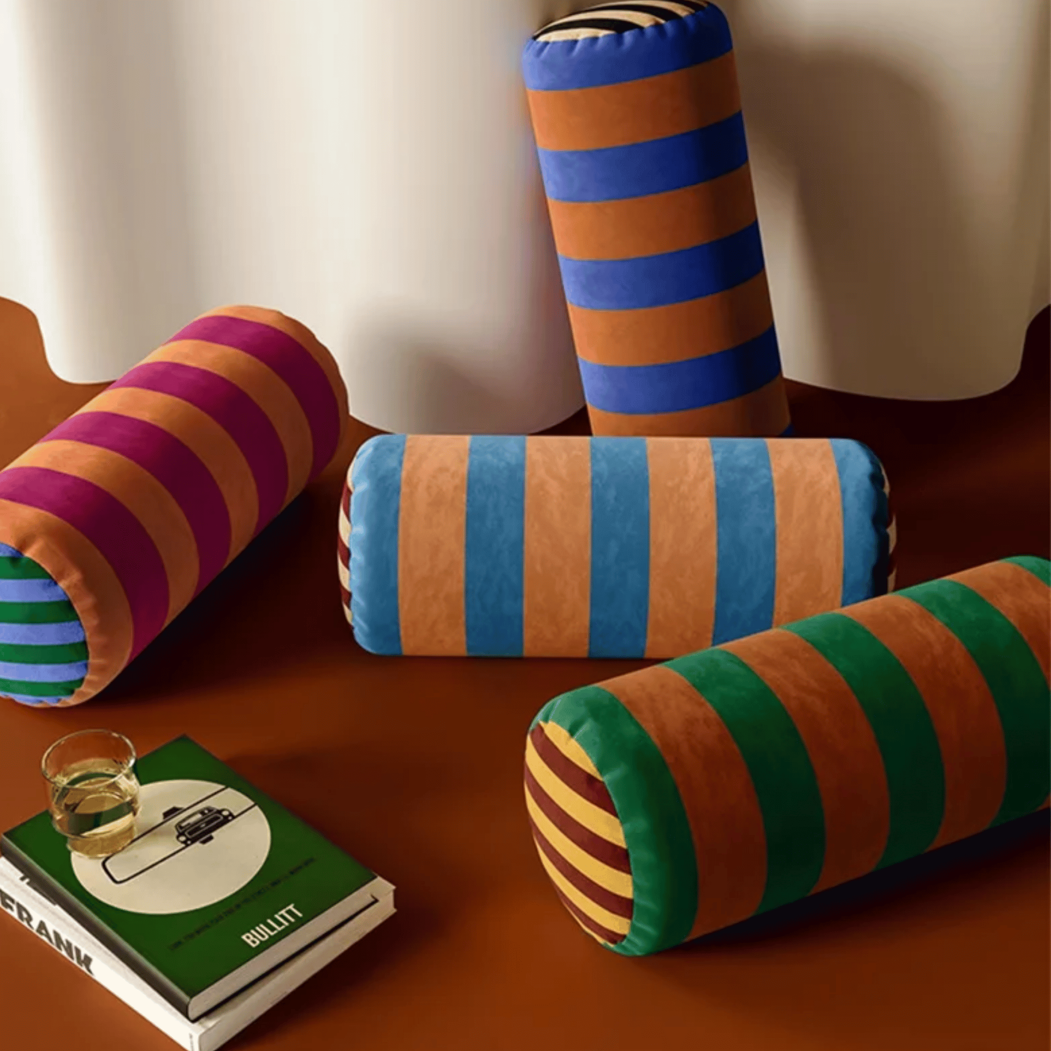 Straton Velvet Bolster Pillow – Decorative Striped Cylinder Throw Pillow Living Room Bedroom Couch Sofa