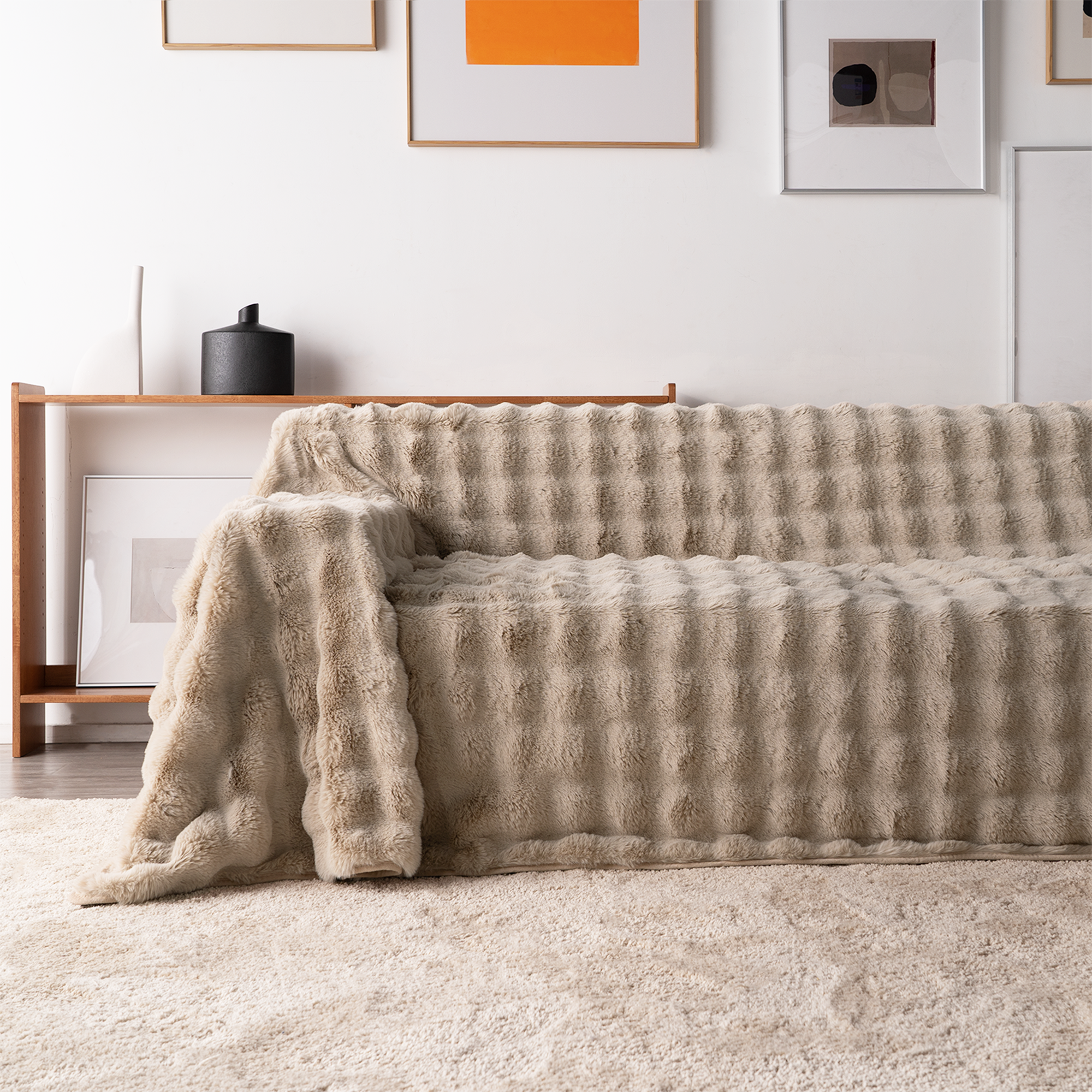 Cirrus Plush Throw Blanket – Faux Fur Channel Stitch Grey Luxury Soft Cozy Bedroom Living Room Decor