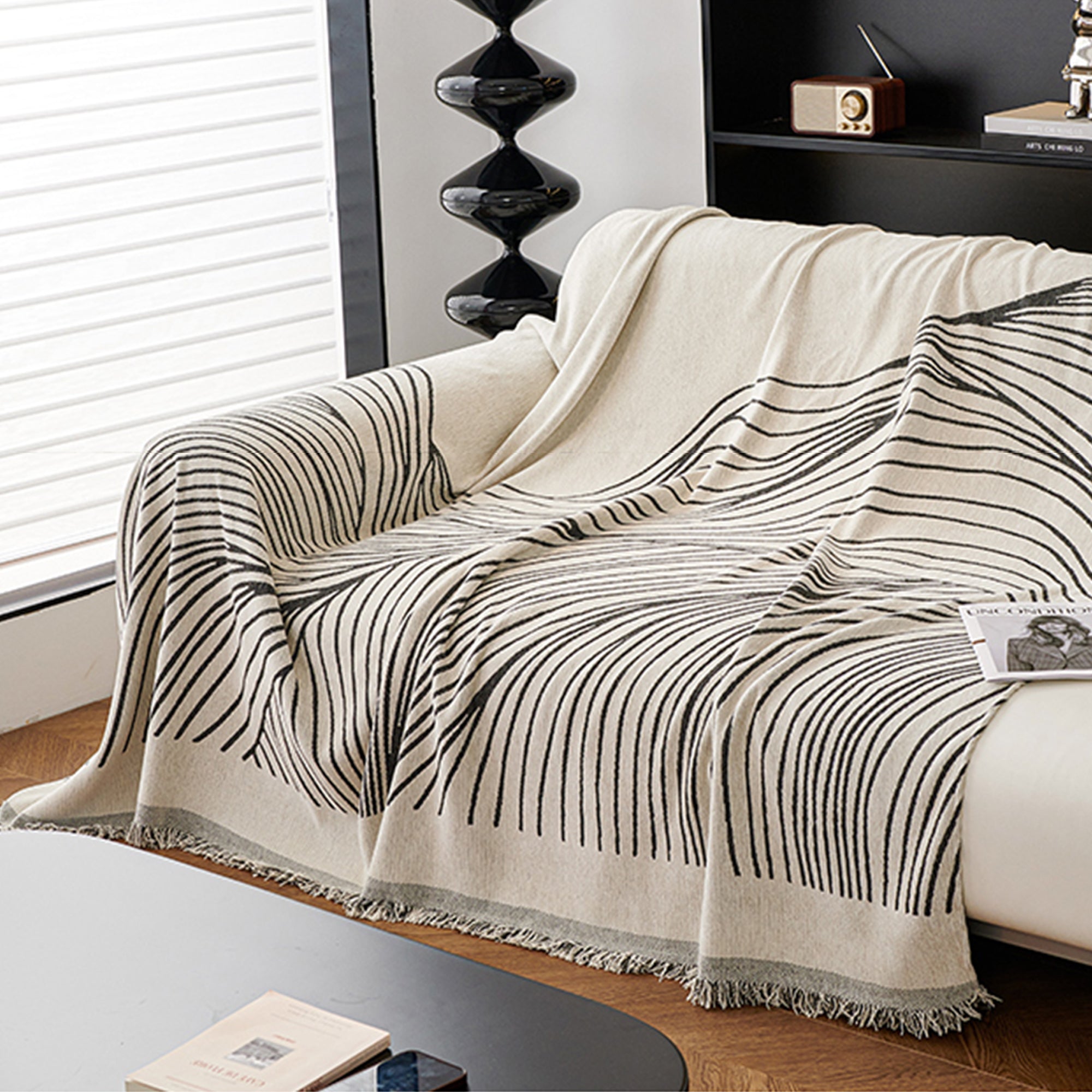 Kinova Stripe Throw Blanket – Modern Black White Abstract Line Sofa Couch Decorative Cover Living Room Bedroom