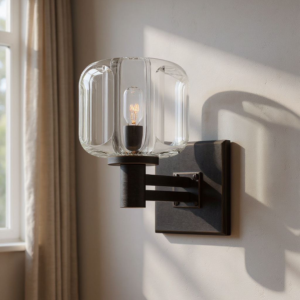 Orion Sculpted Glass Wall Lamp - Brass Clear Glass Wall Light Fixture