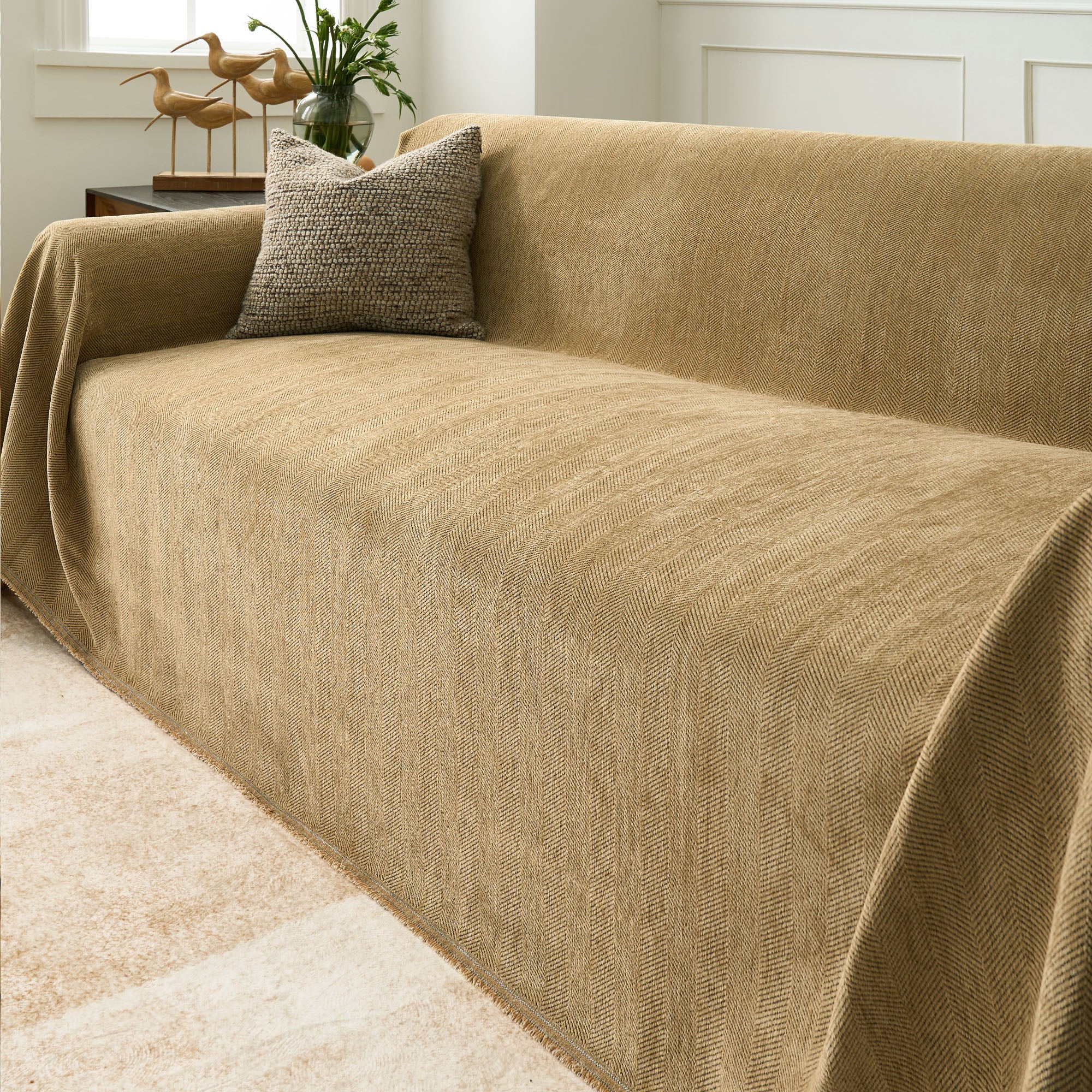 Herringbone Sofa Throw – Textured Cotton Couch Cover Slipcover Living Room Bedroom Furniture Protector