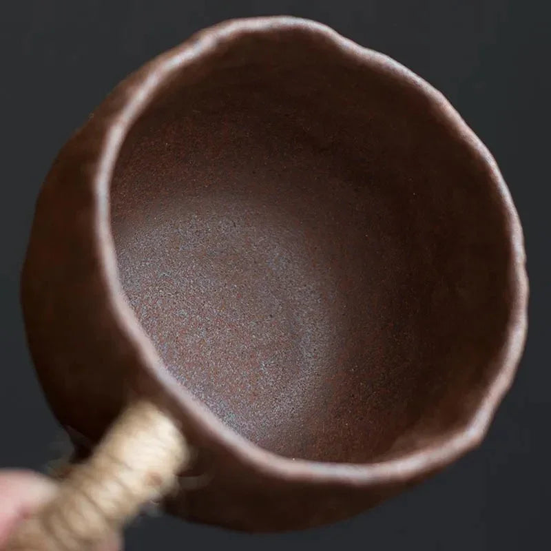 Terrum Rustic Mug Saucer Set – Handmade Ceramic Rope Handle Coffee Cup Mid Century Modern Home Furnishing