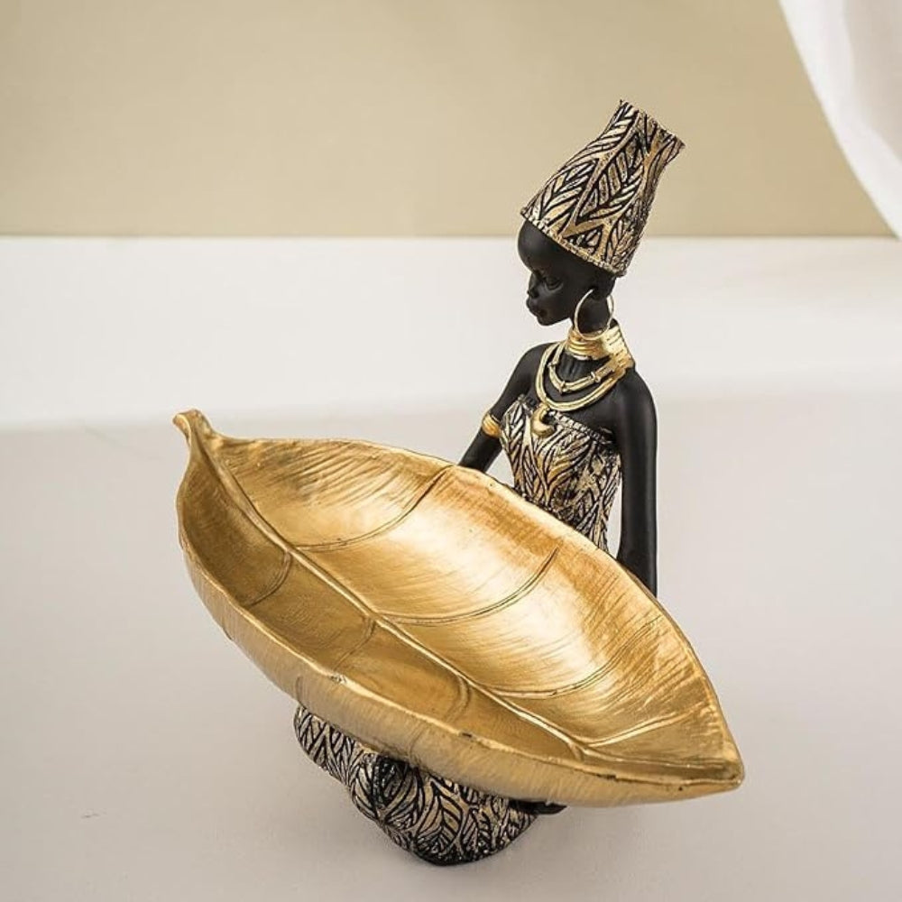 Zephira Leaf Tray Sculpture – African Figurine Decorative Jewelry Catchall Entryway Organizer Gold
