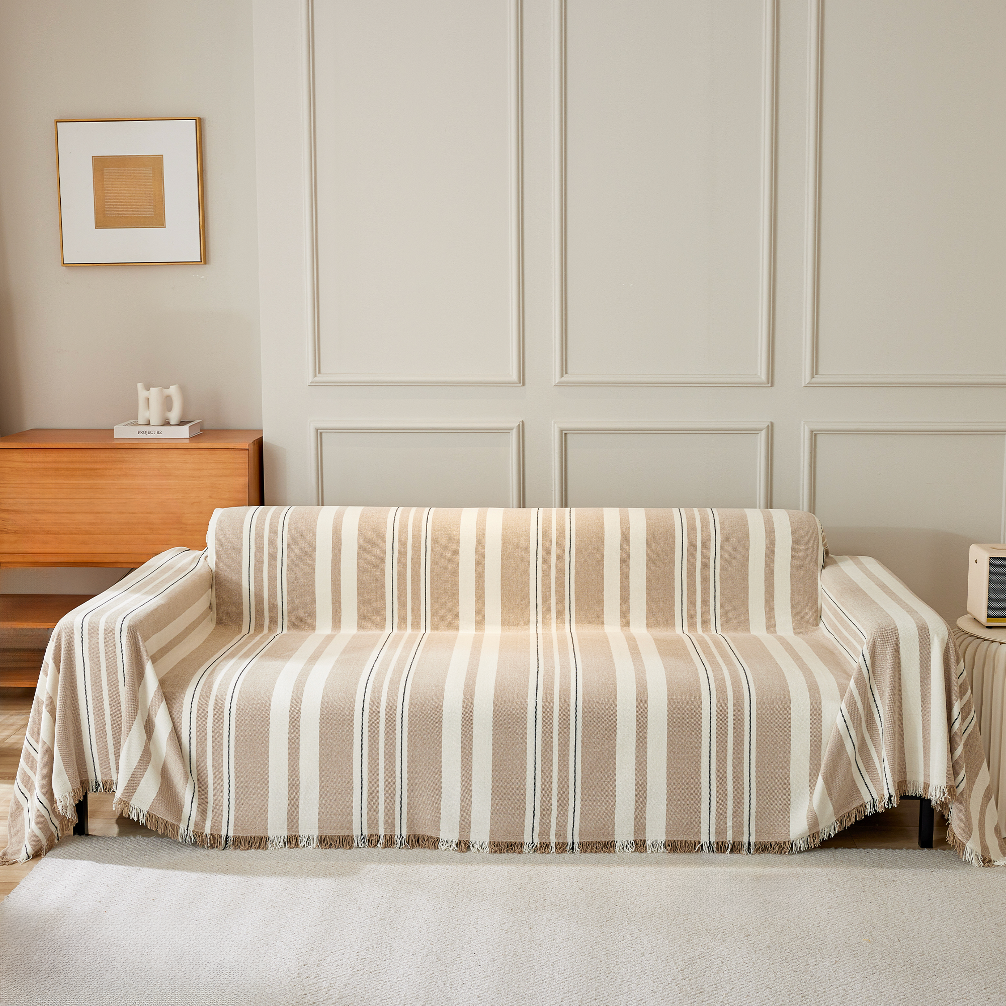 Riviera Stripe Sofa Throw – Cotton Linen Sofa Cover Couch Protector Living Room Bedroom Furniture