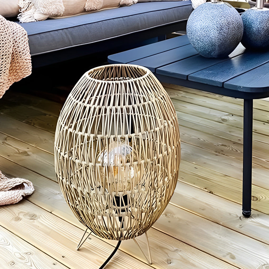 Woven Rattan Mesh Floor Lantern Lamp  – Waterproof LED Outdoor Patio Lamp