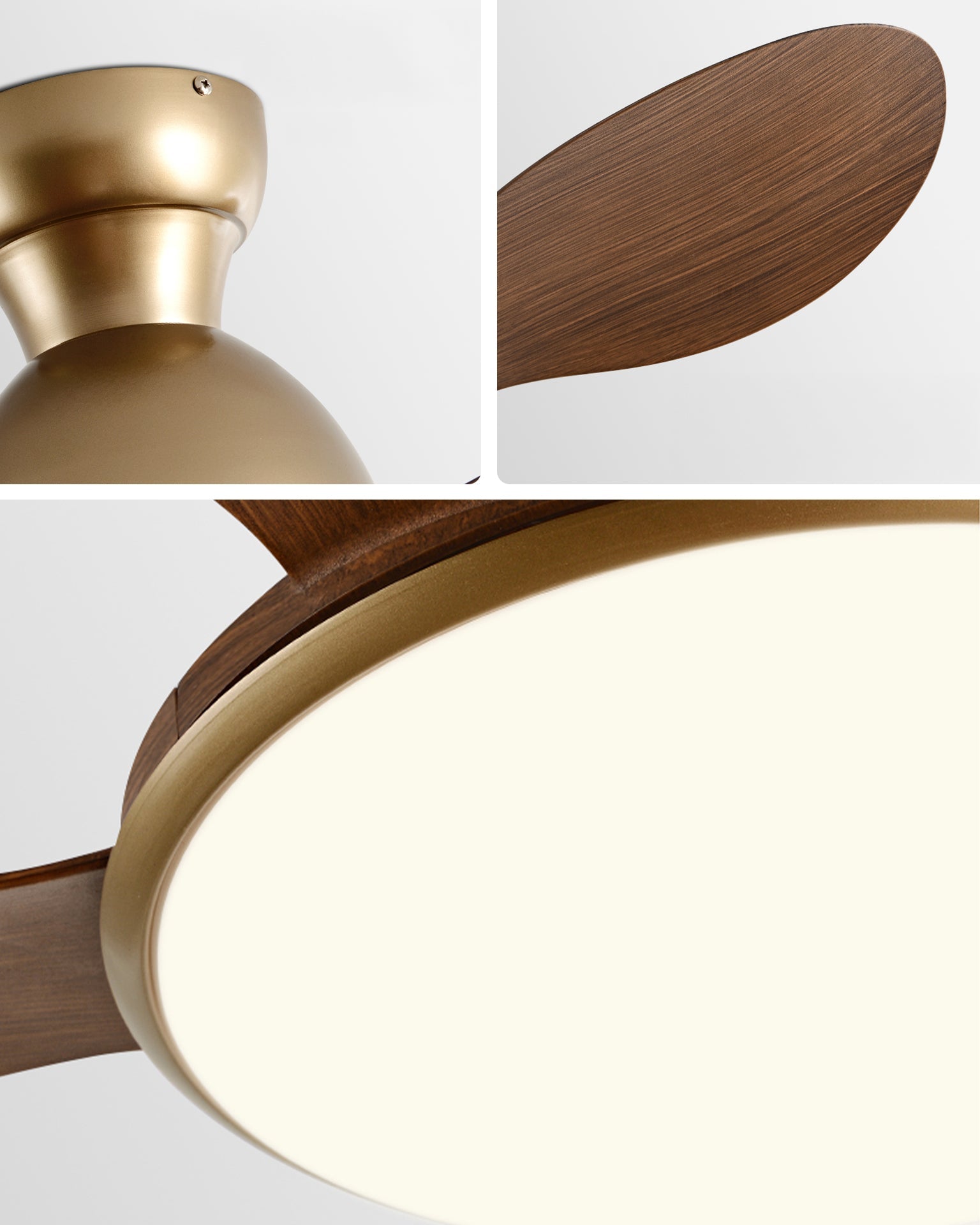 Bravyn Ceiling Fan Light – Modern Low Profile Flush Mount LED Integrated Wood Blade Walnut Brass