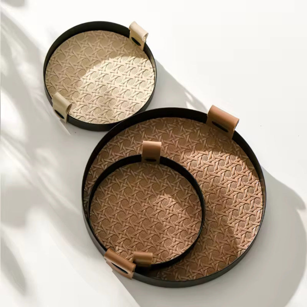 Kintara Round Serving Tray Set – Woven Bamboo Decorative Trays Black Rim Leather Handles Home Decor