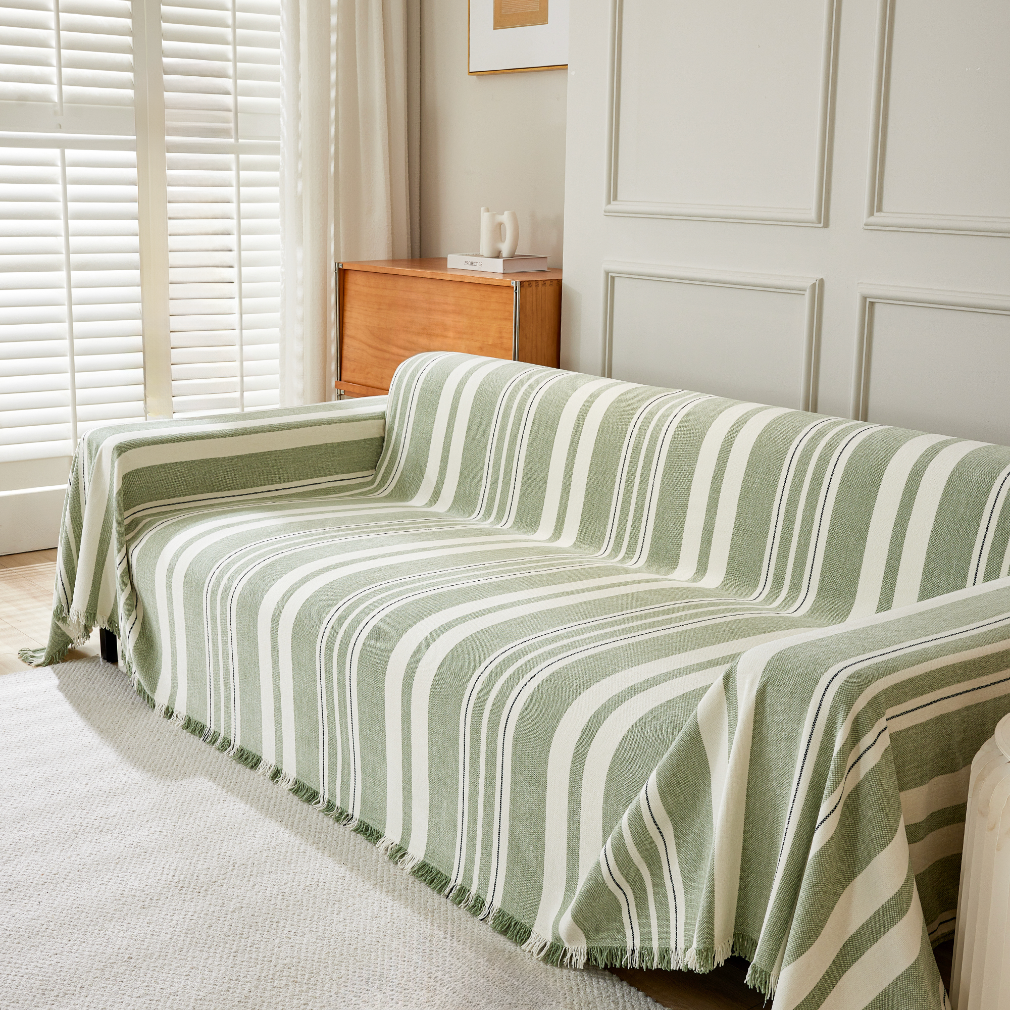 Riviera Stripe Sofa Throw – Cotton Linen Sofa Cover Couch Protector Living Room Bedroom Furniture