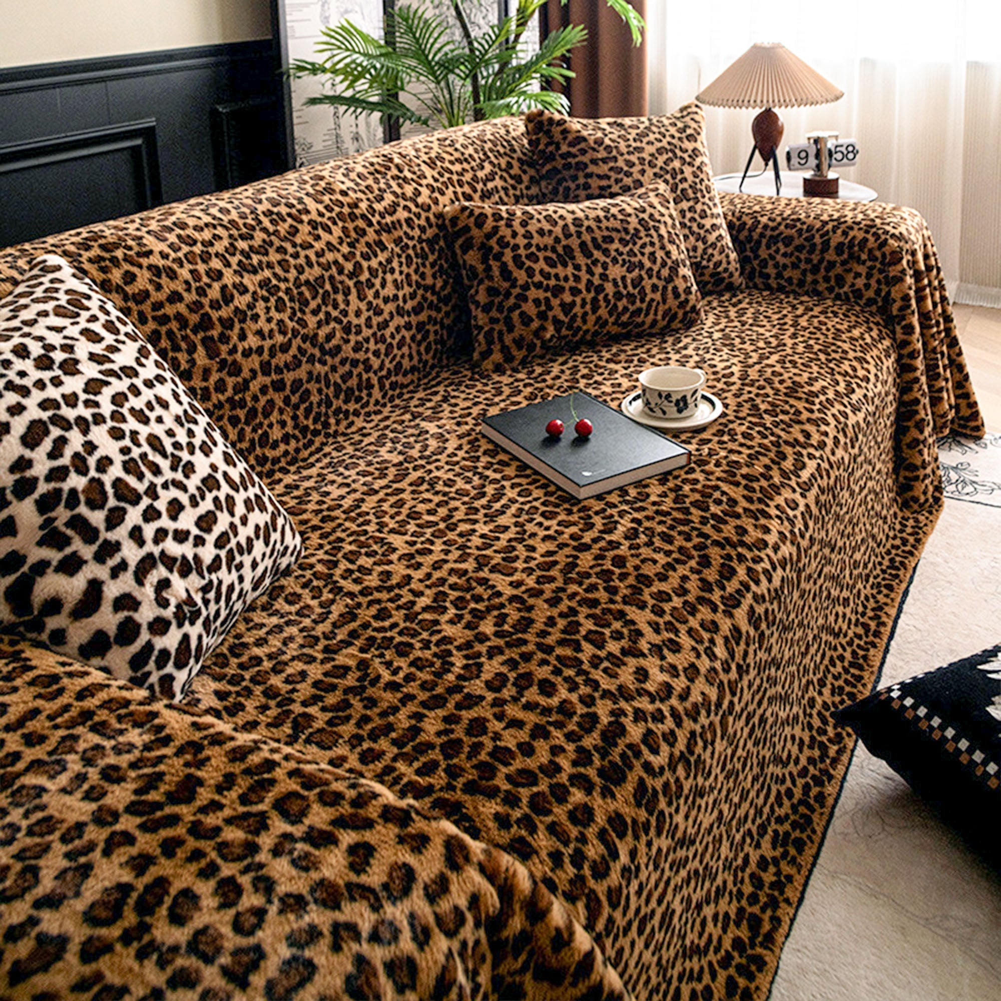 Savara Leopard Sofa Cover – Plush Animal Print Couch Slipcover Living Room Furniture Protector