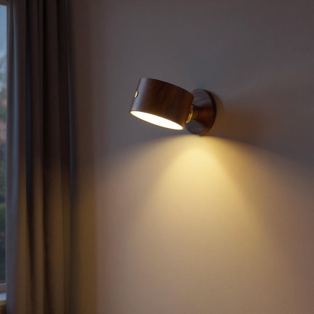 Adjustable Walnut LED Wall Lamp – Rotatable Wood Spotlight Fixture with Brass Detail