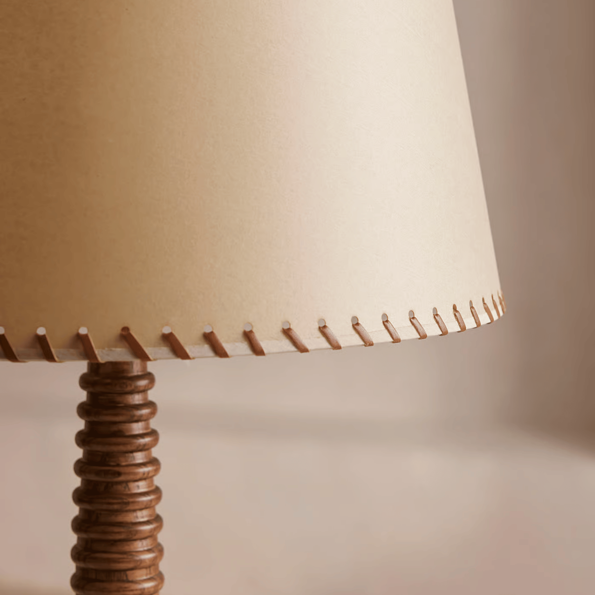 Rondley Table Lamp – Wooden Turned Base Fabric Shade Hand Stitched Bedside Living Room Decorative Lighting
