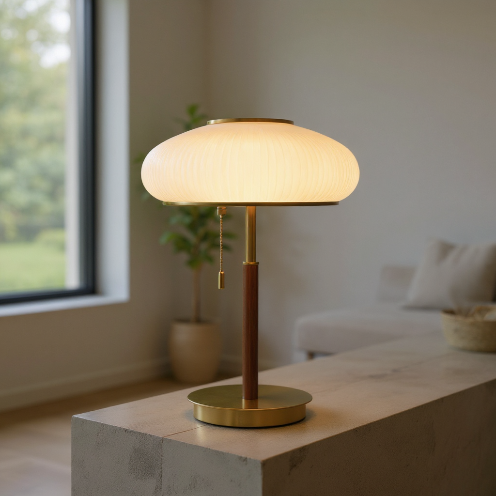 Solstice Ribbed Glass Table Lamp – Modern Brass Accent Bedside Light