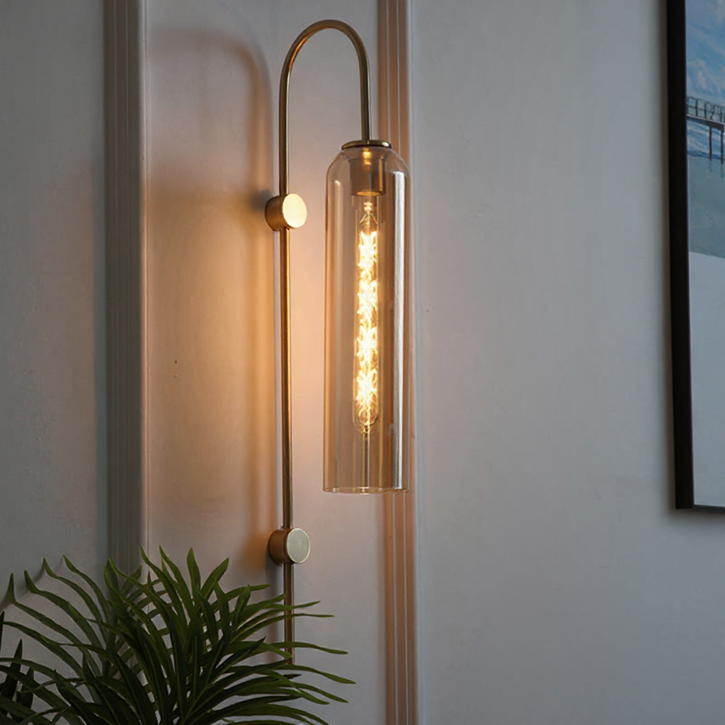 Arcline Cylinder Glass Wall Sconce – Brass Modern Bedroom Hallway Adjustable Light Fixture