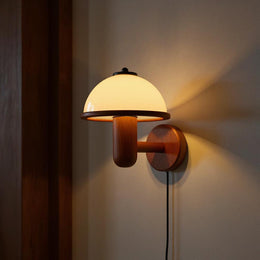Retro Mushroom Wood Wall Lamp – Vintage Glass Shade Bedside Light