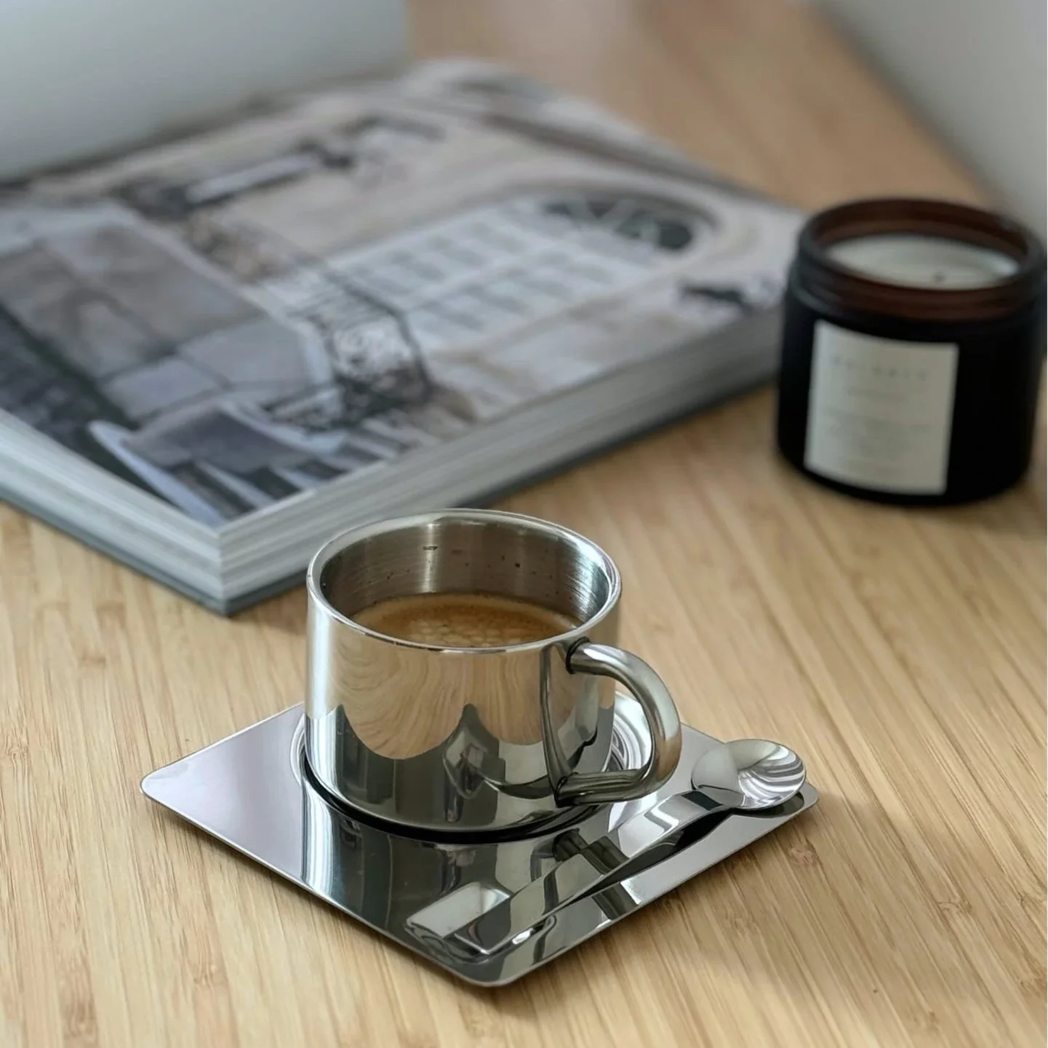 Briston Coffee Cup Set – Stainless Steel Insulated Mug Saucer Spoon Double Wall Gift Set