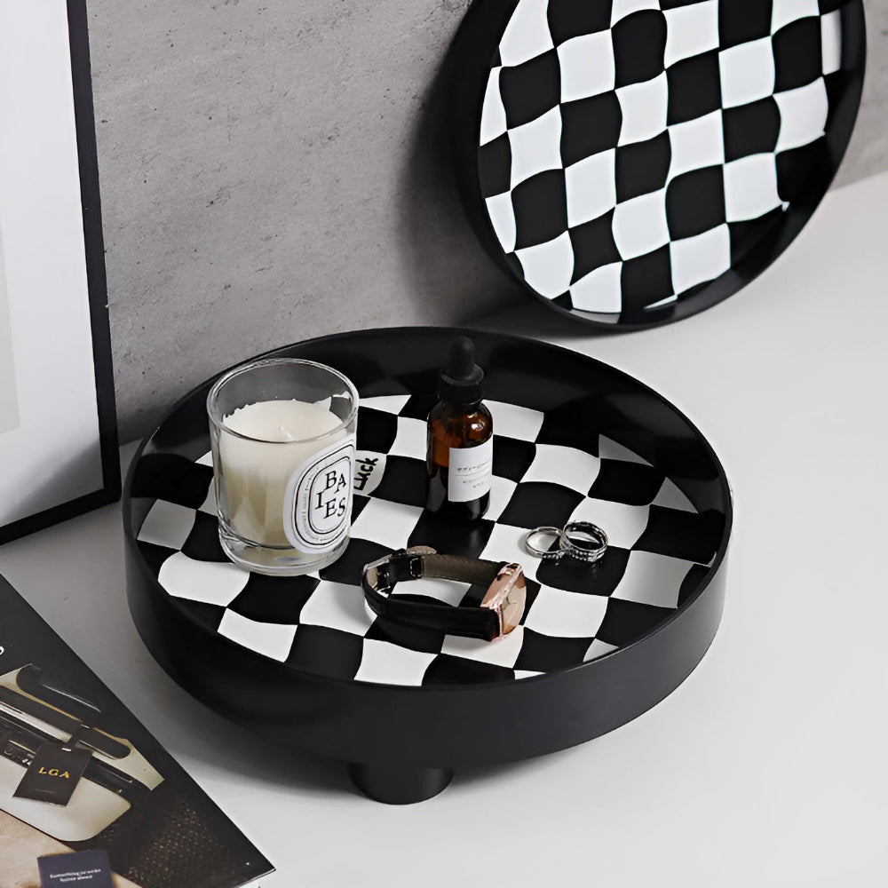 Gridlyn Round Catch Tray – Black White Checkered Decorative Tray Kitchen Bathroom Entryway Organizer