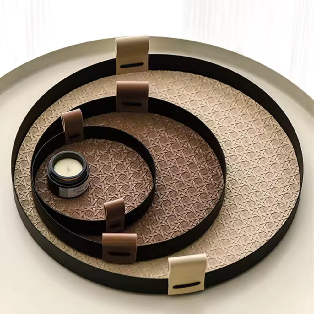 Kintara Round Serving Tray Set – Woven Bamboo Decorative Trays Black Rim Leather Handles Home Decor