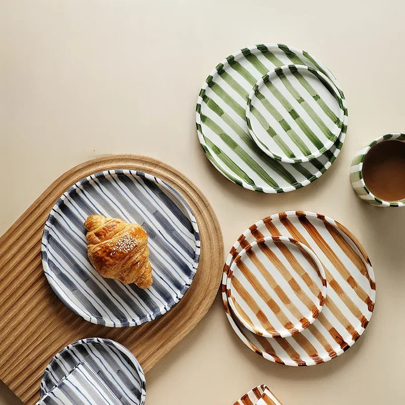 Stratum Stripe Dinnerware Set – Coffee Mug Plate Set Brown White Ceramic Tableware Decorating Coffee Table