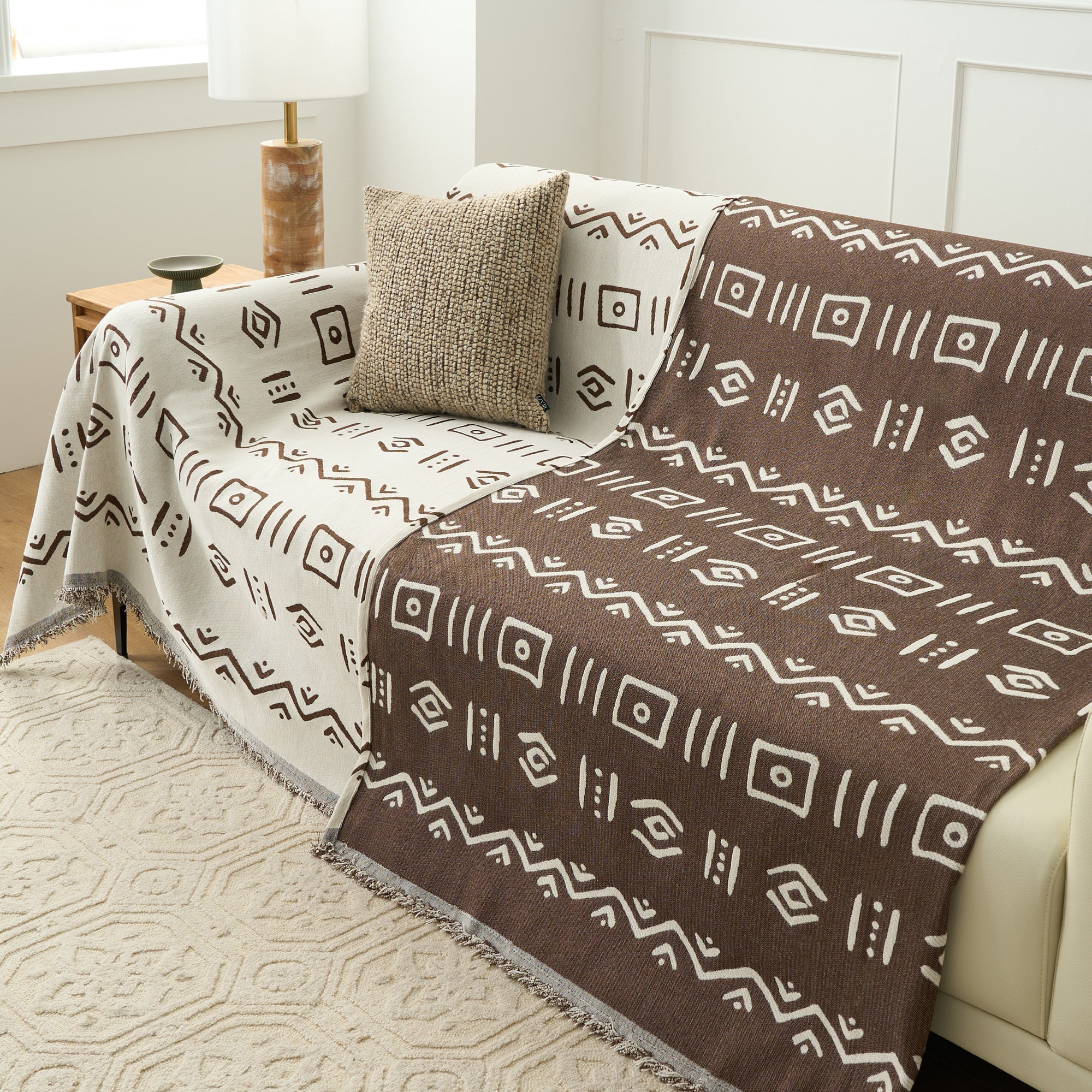 Tribeca Woven Throw Blanket – Geometric Mudcloth Sofa Cover Couch Protector Farmhouse Boho Living Room Decor