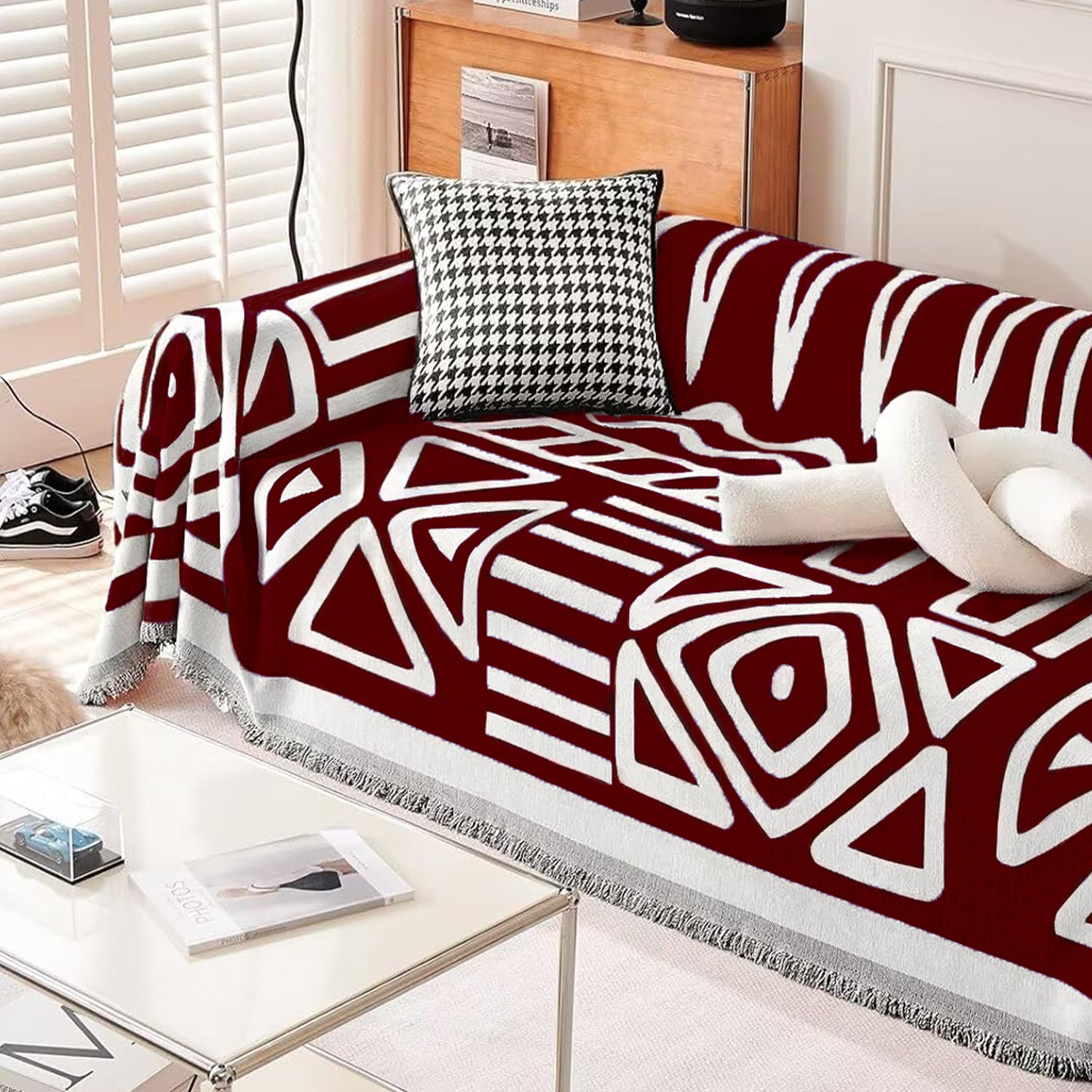 Kintara Sofa Throw – Geometric Tribal Pattern Couch Cover Grey White Cotton Woven Blanket Living Room