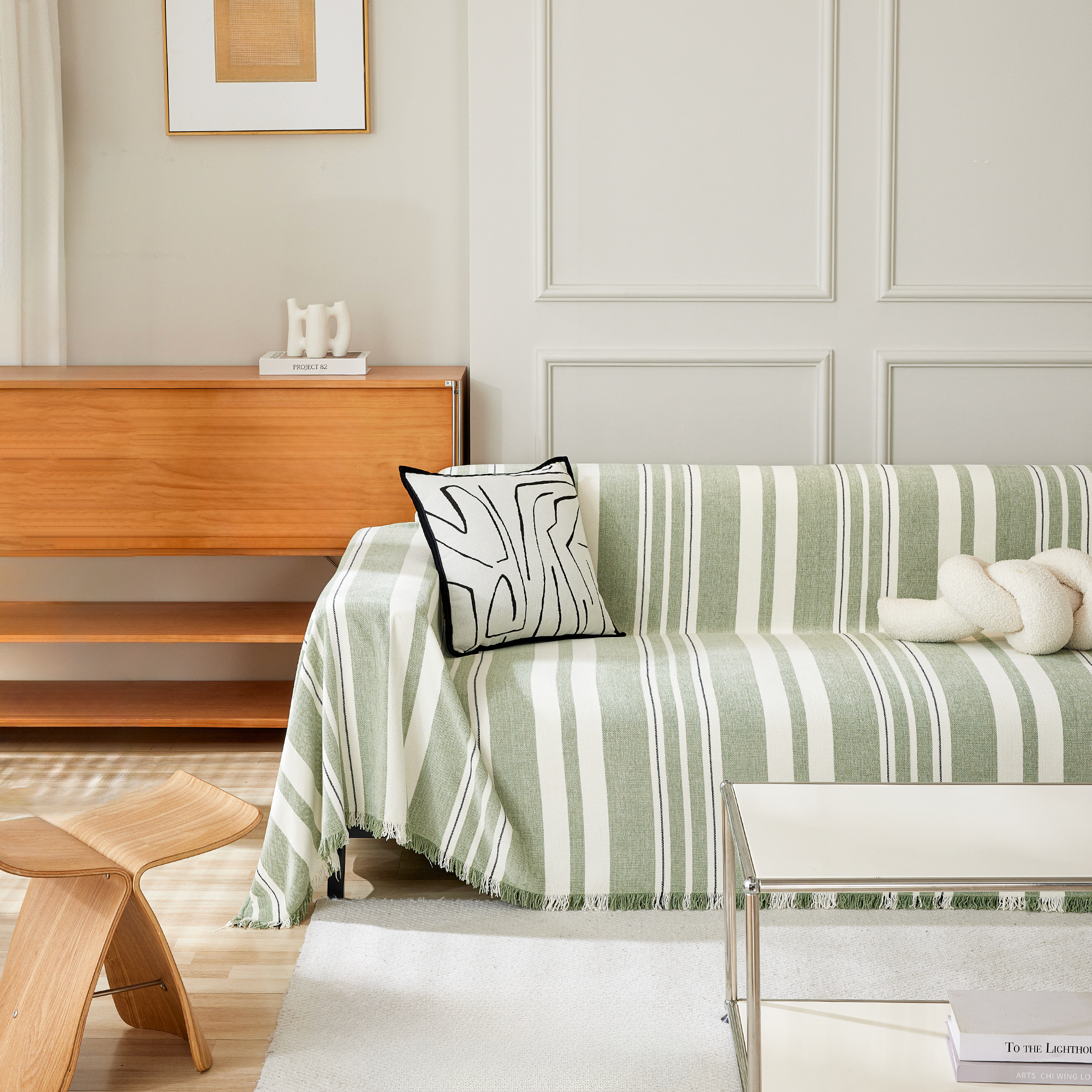Riviera Stripe Sofa Throw – Cotton Linen Sofa Cover Couch Protector Living Room Bedroom Furniture