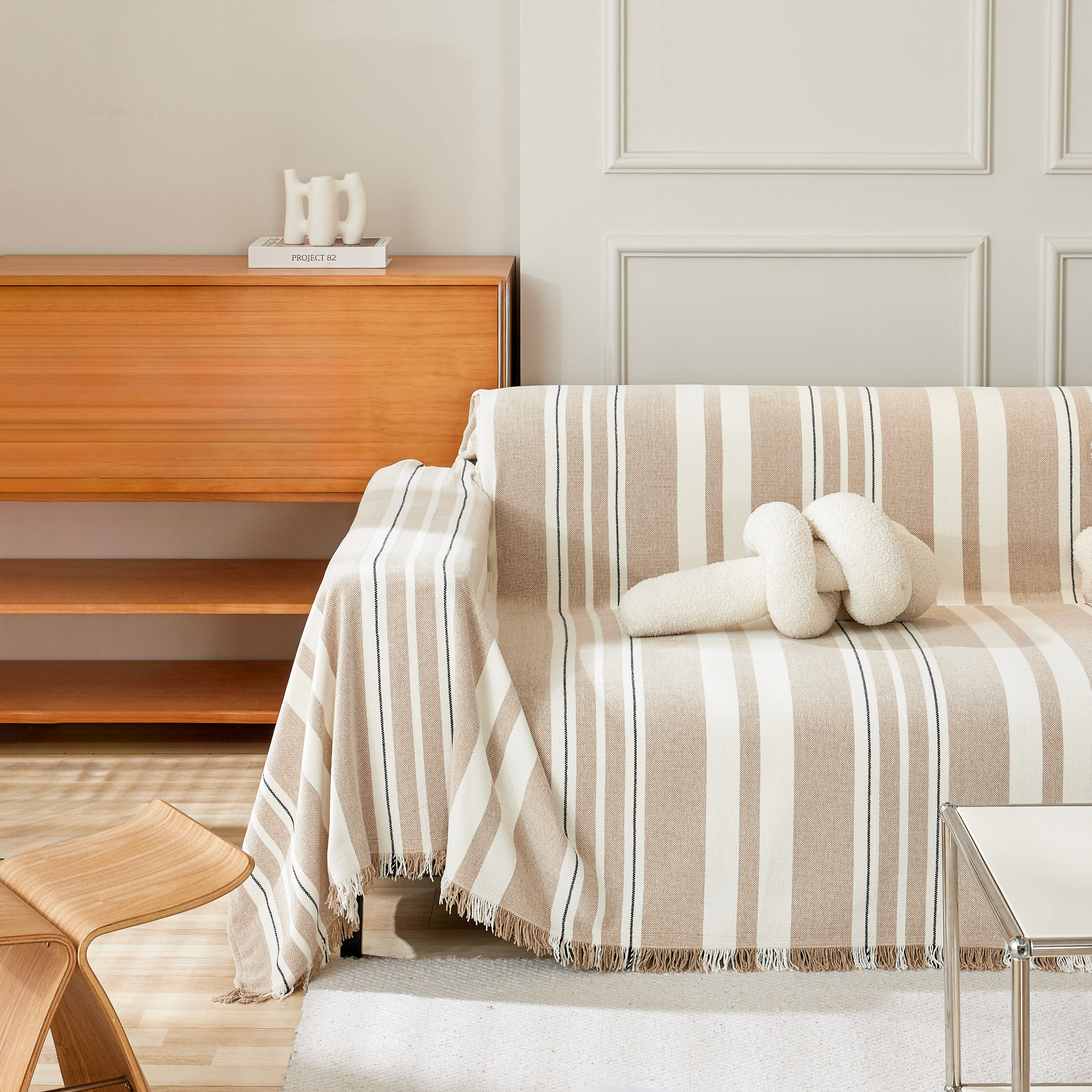 Riviera Stripe Sofa Throw – Cotton Linen Sofa Cover Couch Protector Living Room Bedroom Furniture