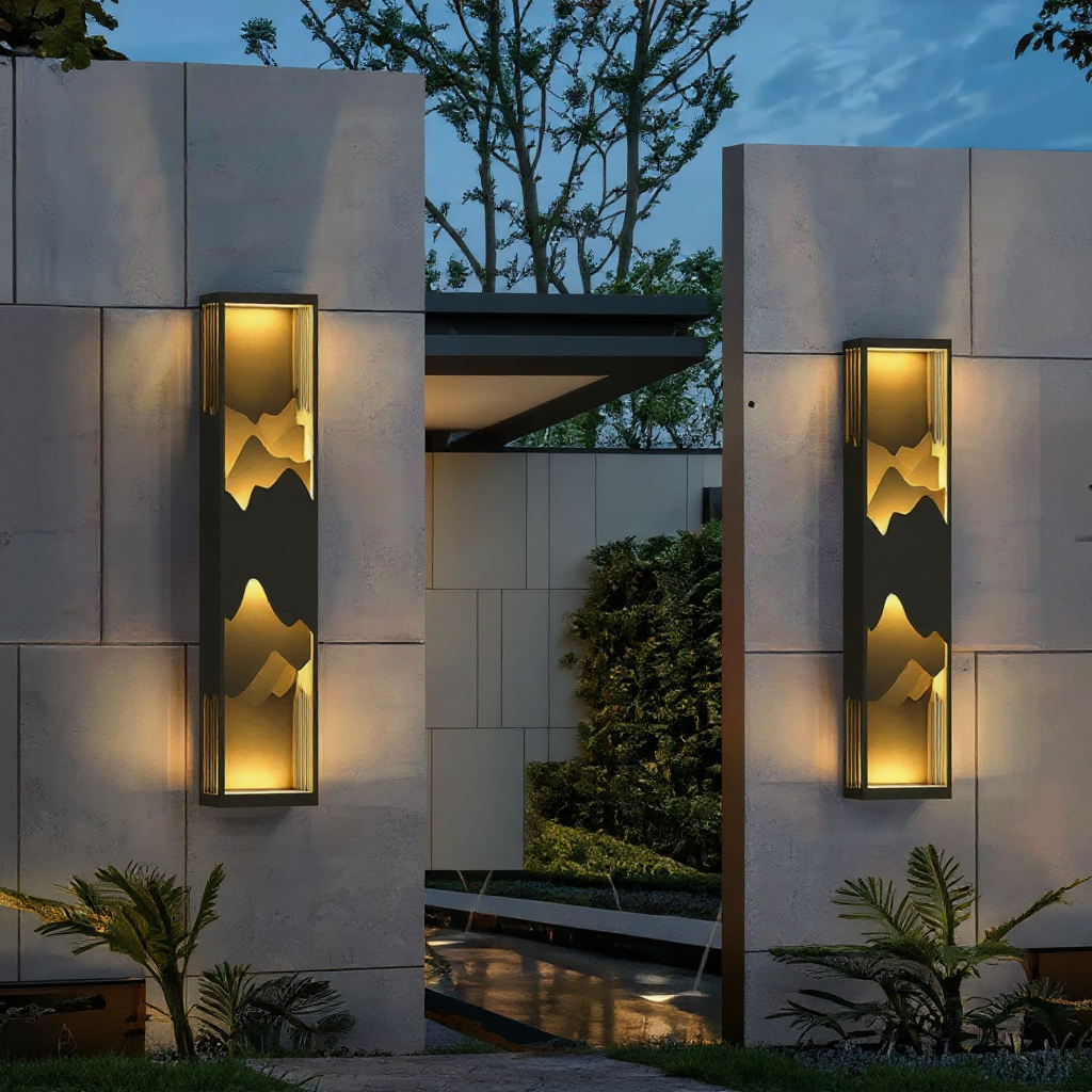 Modern Mountain Silhouette Outdoor Wall Lamp with Ambient LED Glow – Waterproof Architectural Exterior Light