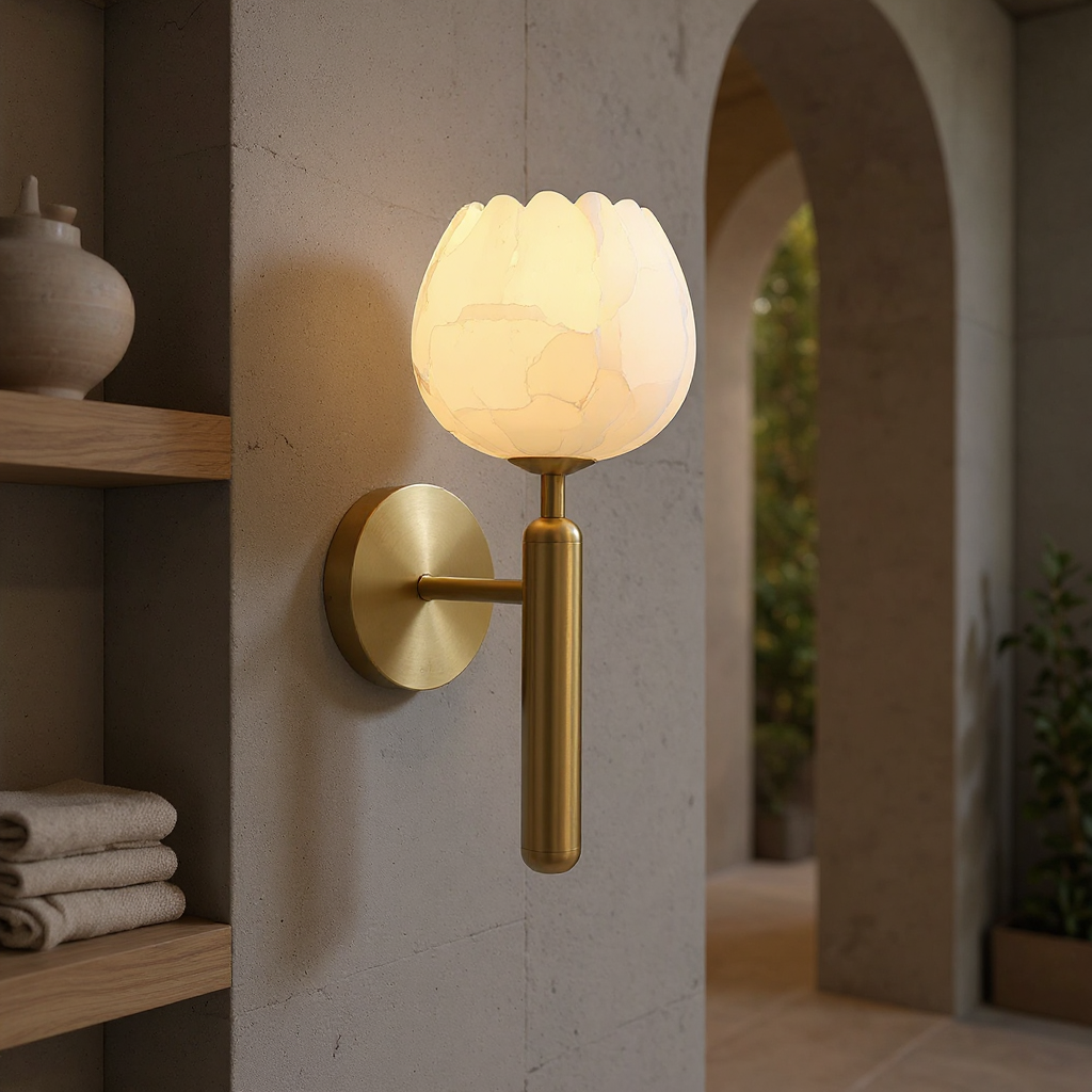 Mirea Floral Wall Lamp – Brass Alabaster Decorative Wall Lighting Fixture