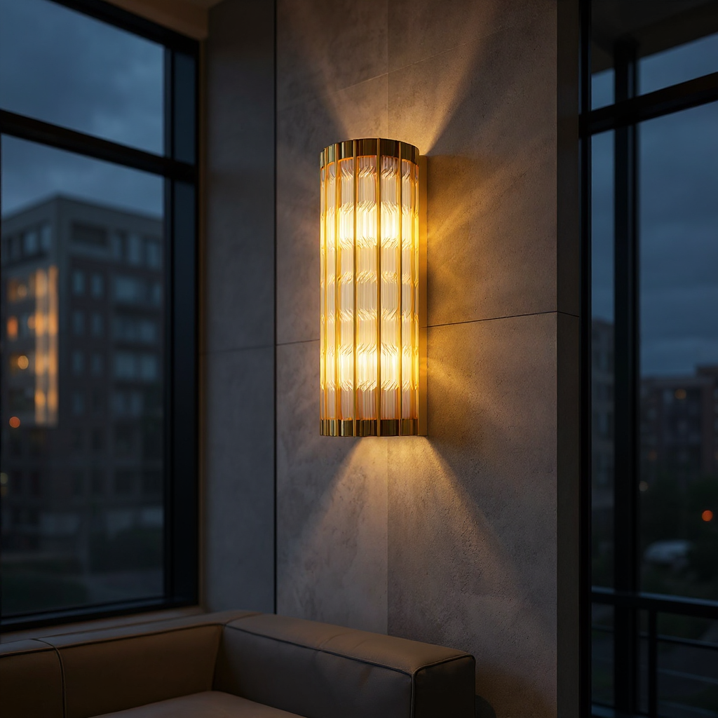 Aurelius Fluted Crystal Wall Lamp  – Cylindrical Glass Brass Interior Wall Lighting Fixture