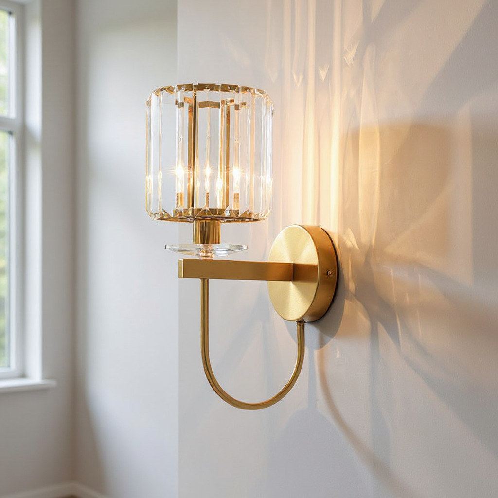 Glamora Crystal Prism Wall Sconce – Gold Brass Bedroom Bathroom Vanity Light Fixture