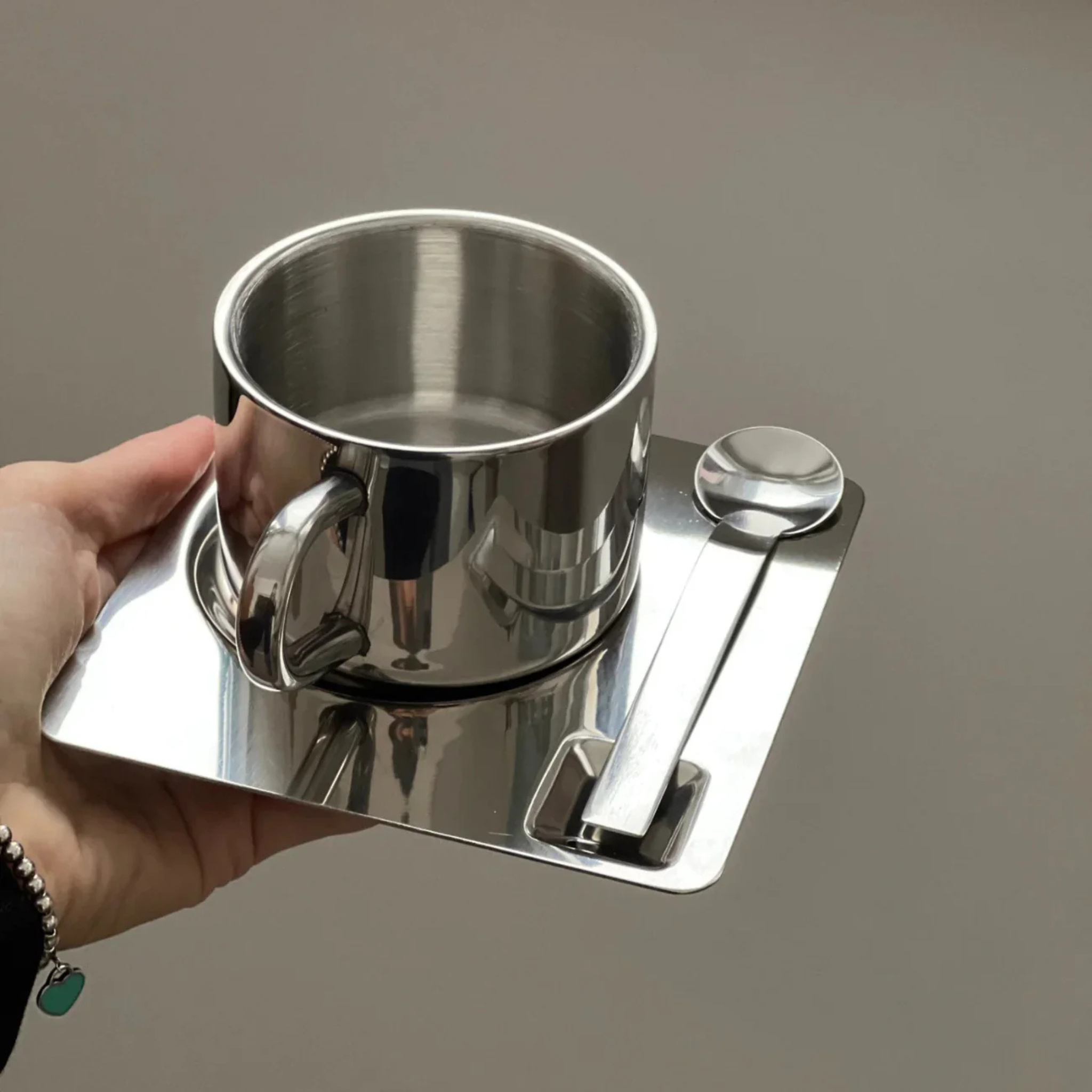 Briston Coffee Cup Set – Stainless Steel Insulated Mug Saucer Spoon Double Wall Gift Set
