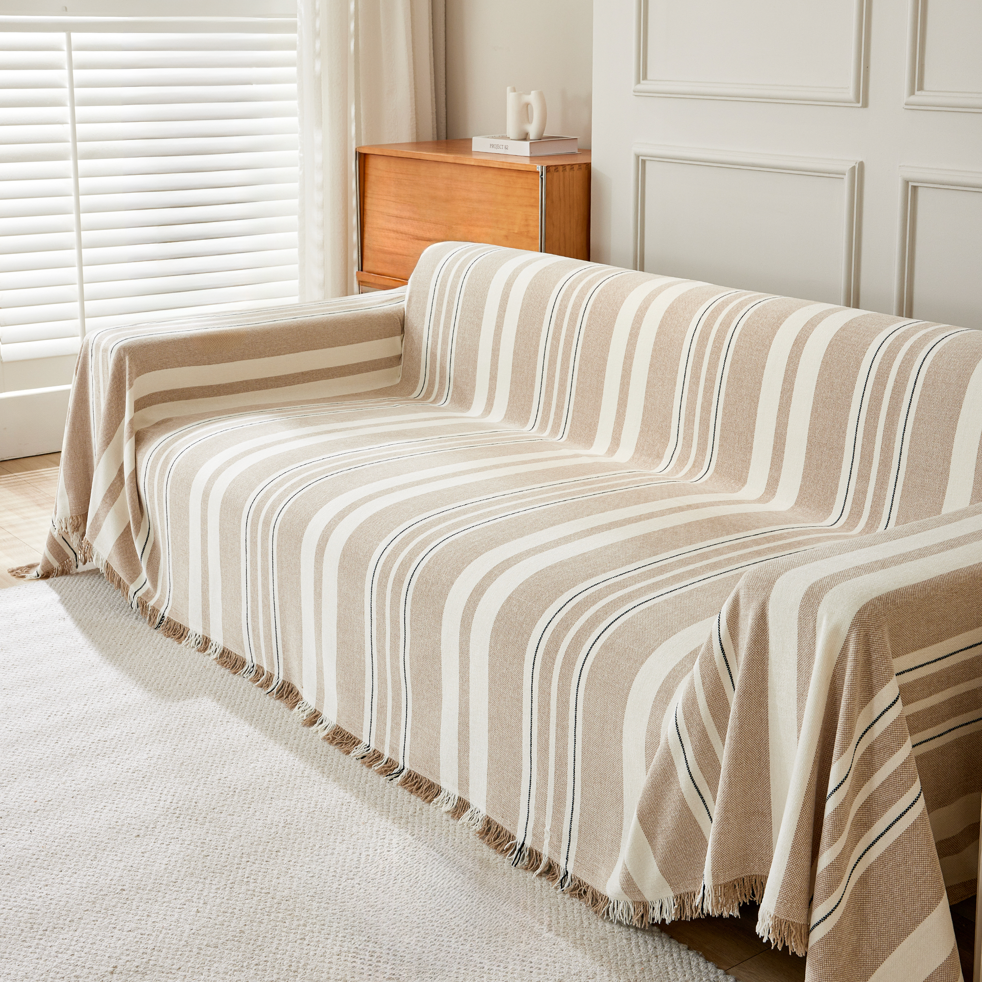 Riviera Stripe Sofa Throw – Cotton Linen Sofa Cover Couch Protector Living Room Bedroom Furniture