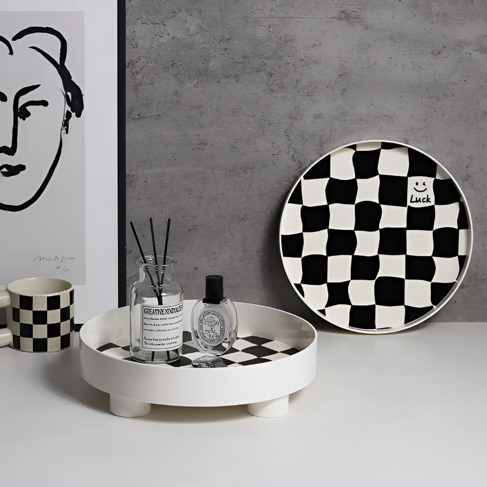 Gridlyn Round Catch Tray – Black White Checkered Decorative Tray Kitchen Bathroom Entryway Organizer
