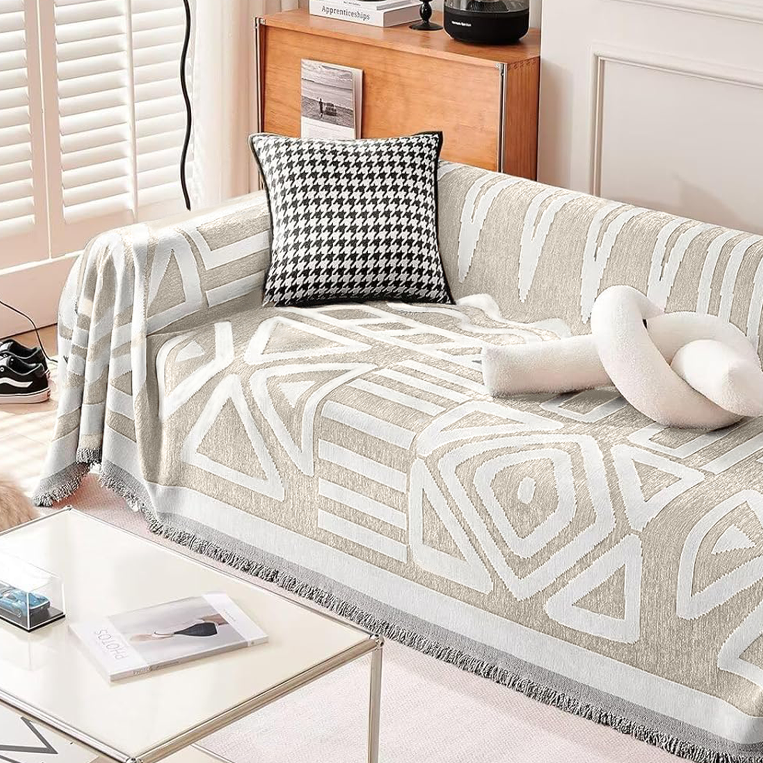 Kintara Sofa Throw – Geometric Tribal Pattern Couch Cover Grey White Cotton Woven Blanket Living Room