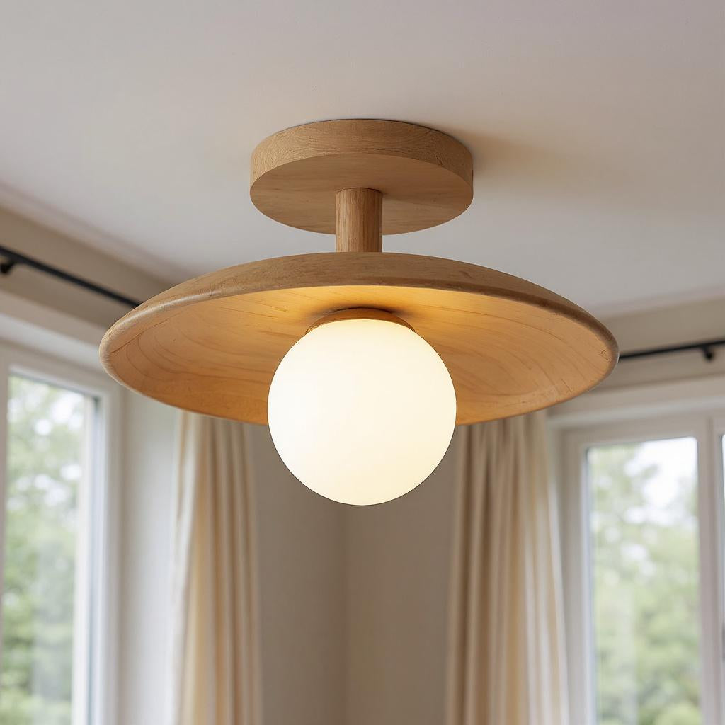 Natural Wood Semi Flush Ceiling Light – Globe Glass Modern Fixture
