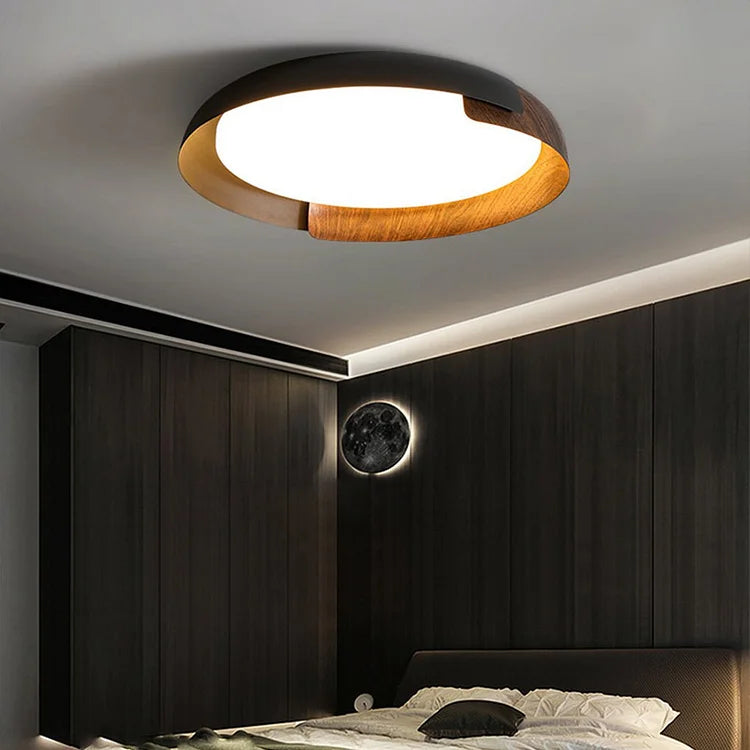 Solara Round Wood Accent LED Ceiling Light – Modern Flush Mount Bedroom Living Room Fixture