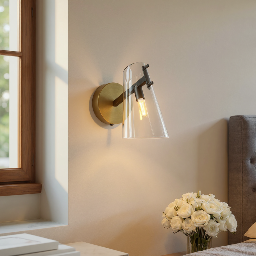 Vireo Tapered Glass Wall Lamp – Angled Clear Shade Interior Wall Lighting Fixture