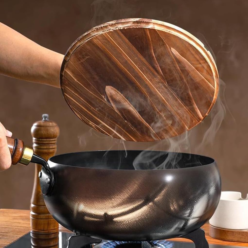 Kaldor Cast Iron Skillet – Nonstick Black Cooking Pan Wooden Handle Lid Kitchen Cookware