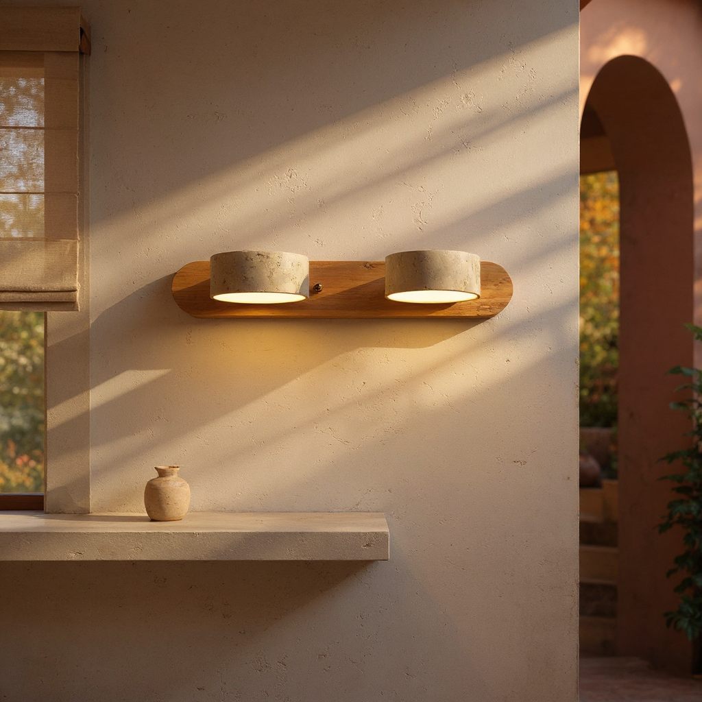 Travin Duo Wall Lamp – Travertine Wood LED Wall Lighting Fixture