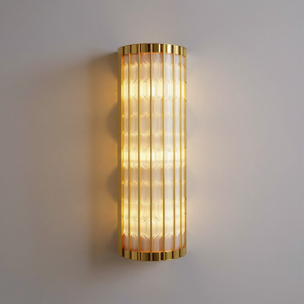 Aurelius Fluted Crystal Wall Lamp  – Cylindrical Glass Brass Interior Wall Lighting Fixture