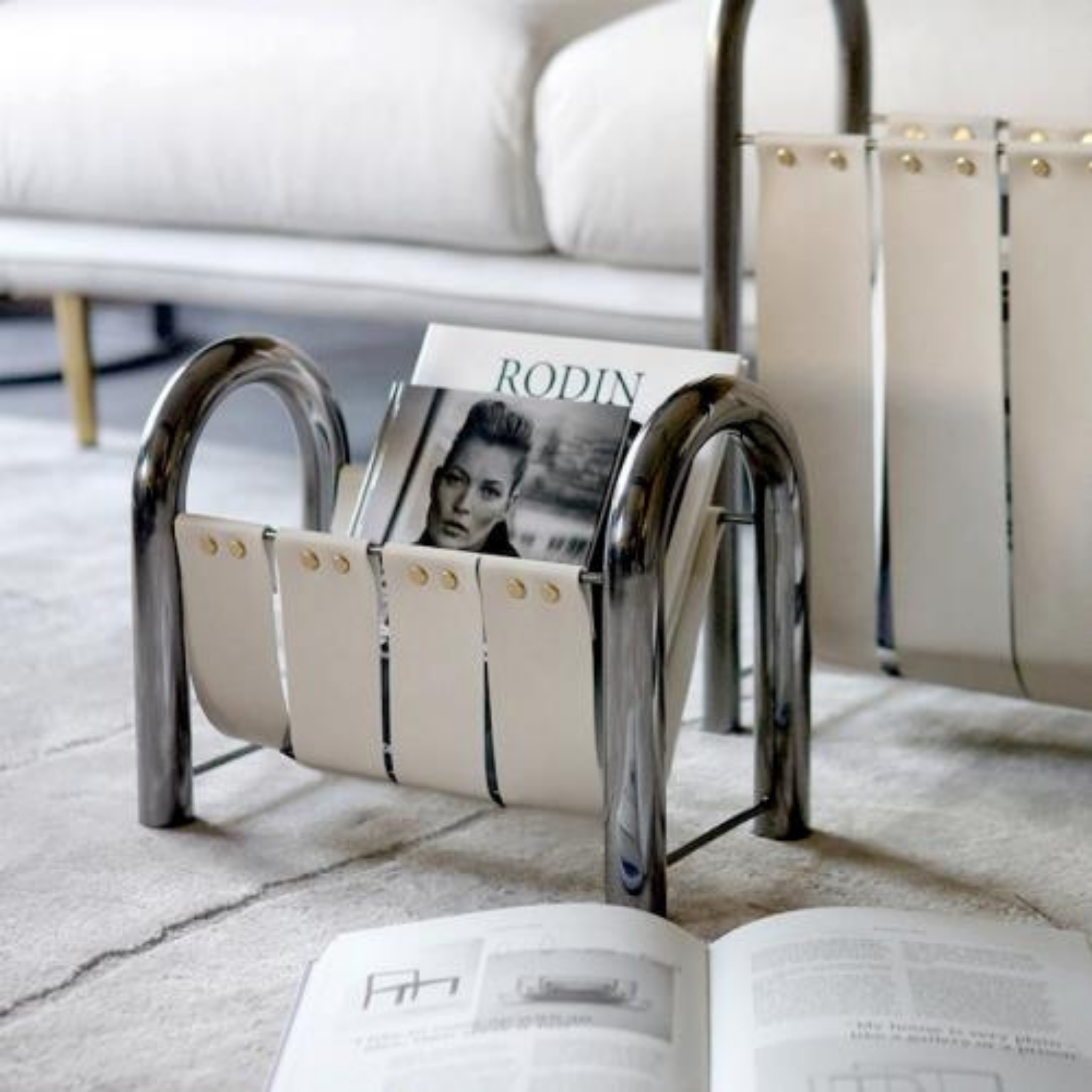 Arkos Leather Magazine Rack – Modern Metal Frame Decorative Storage Living Room Bedroom Home Decor