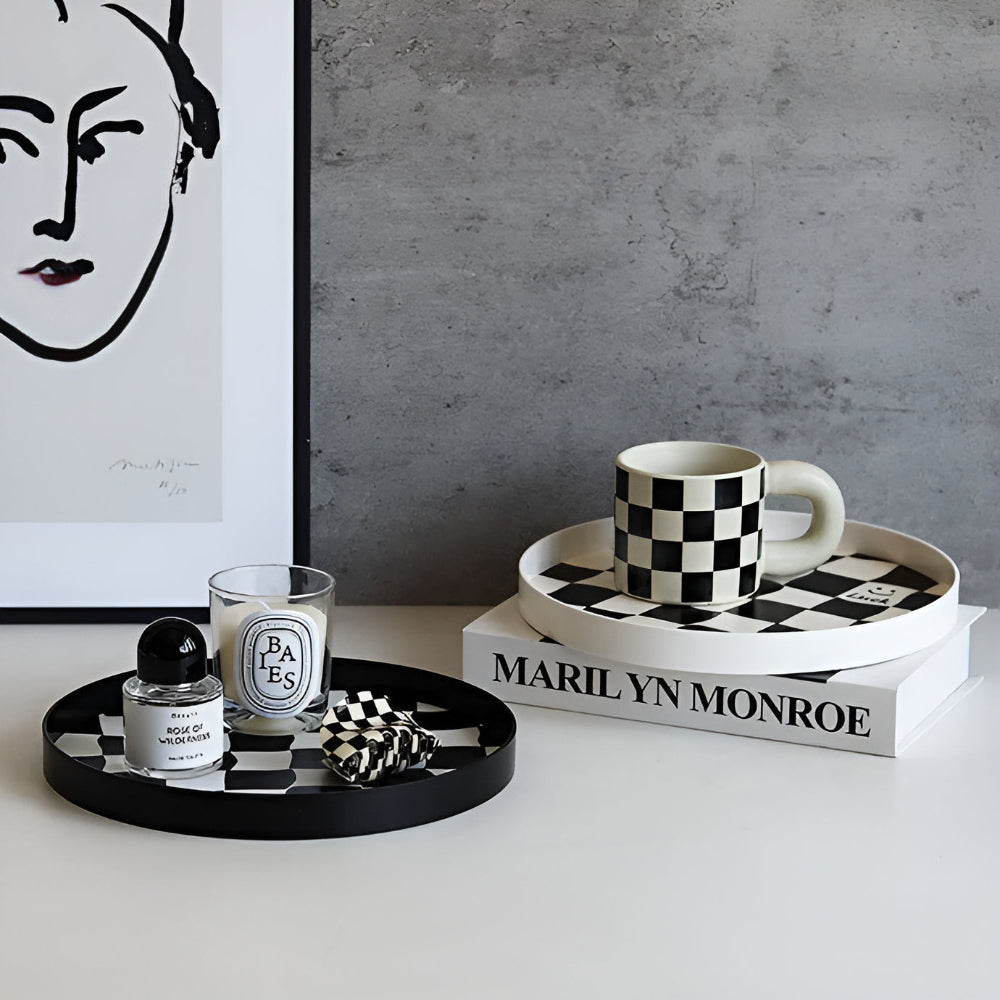 Gridlyn Round Catch Tray – Black White Checkered Decorative Tray Kitchen Bathroom Entryway Organizer