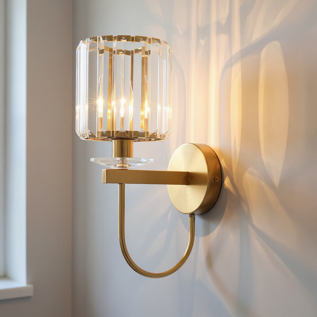 Glamora Crystal Prism Wall Sconce – Gold Brass Bedroom Bathroom Vanity Light Fixture
