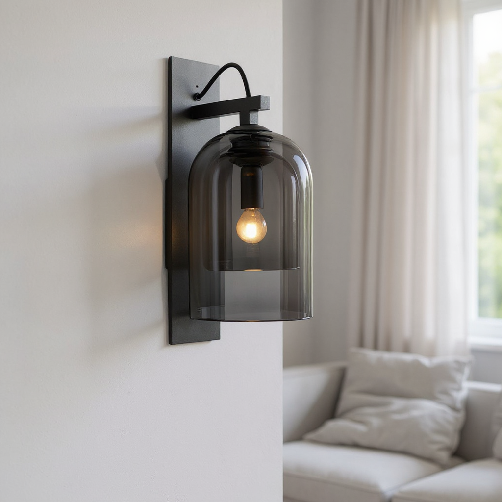 Solstice Smoked Glass Wall Sconce – Modern Black Industrial Bedroom Hallway Light Fixture