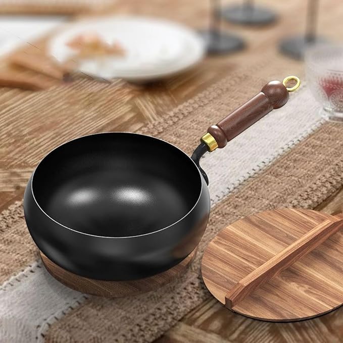 Kaldor Cast Iron Skillet – Nonstick Black Cooking Pan Wooden Handle Lid Kitchen Cookware
